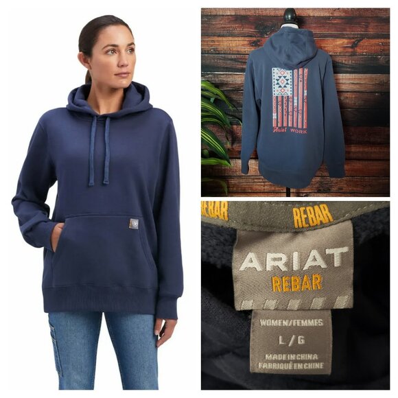 Ariat Large Rebar Aztec Flag Graphic Hoodie Hooded Sweatshirt Navy Blue 10041466 - Picture 1 of 11